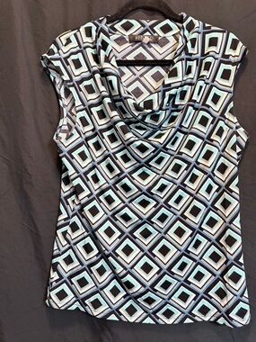 Kasper Aqua and Black Geometric Cowl Neck Camisole